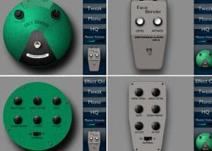 Four different types of guitar pedals, including the Face Bender, are shown.