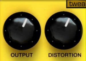 Two buttons with the words "output" and "distortion".