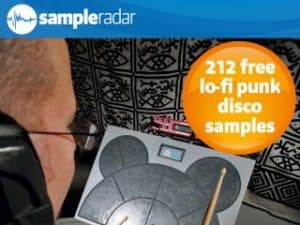 A man is playing a drum set with 22 free punk disco samples in a Lo-Fi style.