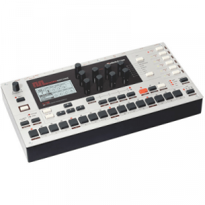 A Elektron Monomachine drum machine with drum samples on a white background.