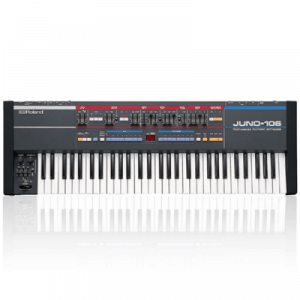 A Roland Juno 106 synthesizer on a white background with bass samples.