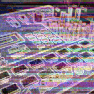 A pixelated image of a computer screen featuring the Vol. 1-2 Glitch Drum Kit.