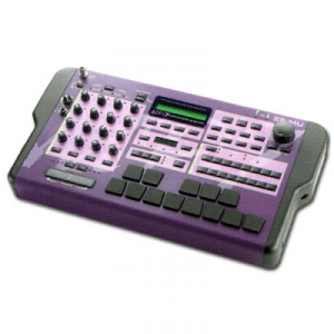 A purple and black Emu drum machine on a white background.