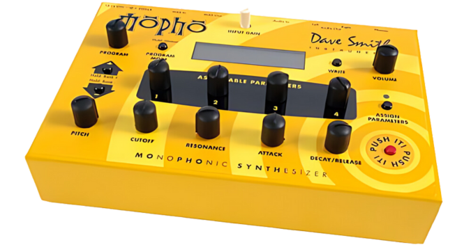 A yellow synthesizer with black knobs.