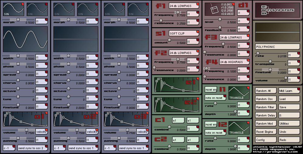 A screenshot of a synthesizer with different types of controls, resembling an Atlantis ocean theme.