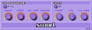 A picture of a purple synthesizer with the words Sworl and volume.