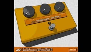 A picture of a FuzzPlus guitar pedal with buttons on it.