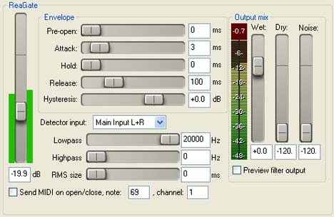 A screen shot of a computer screen showing a number of different settings, including the ReaGate plugin.