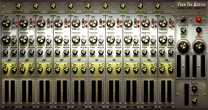 A picture of a Multiband Compressor with many knobs and buttons.