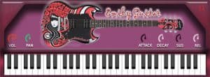 A cute image of a guitar with a keyboard on it.