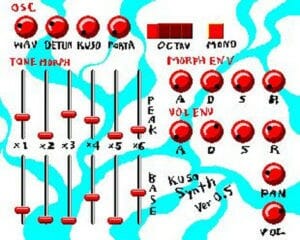 A drawing of a KusoSynth instrument with red buttons.