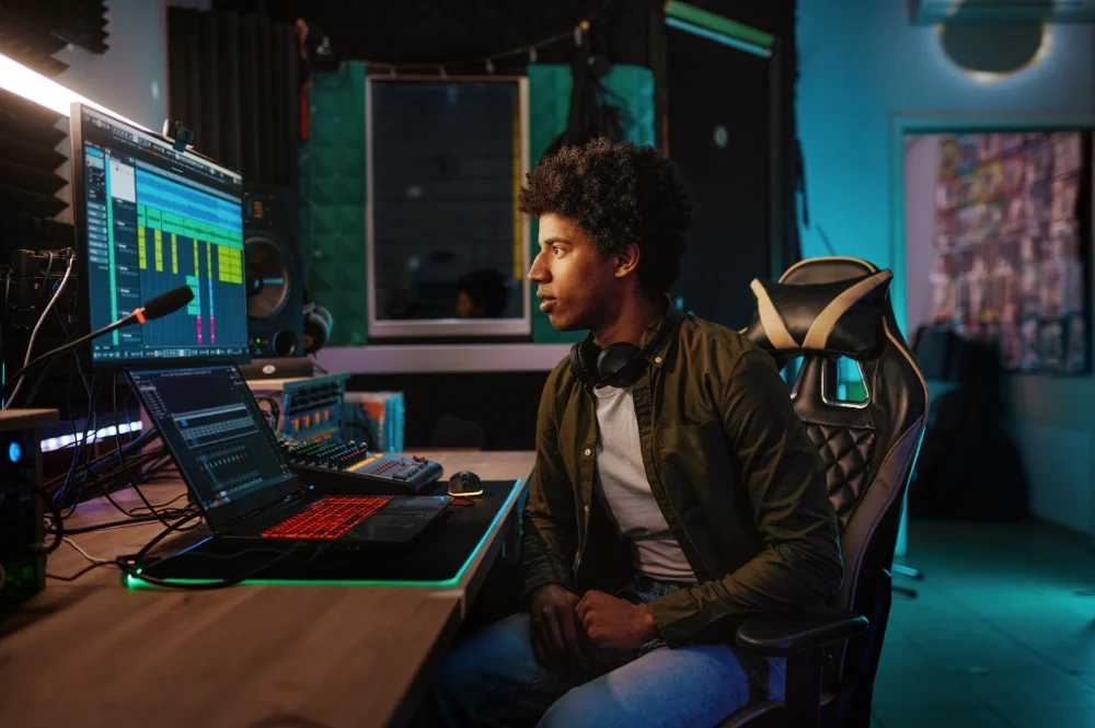 A man sitting in front of a computer in a recording studio, using FL Studio to adjust the EQ and Reverb of the audio tracks.