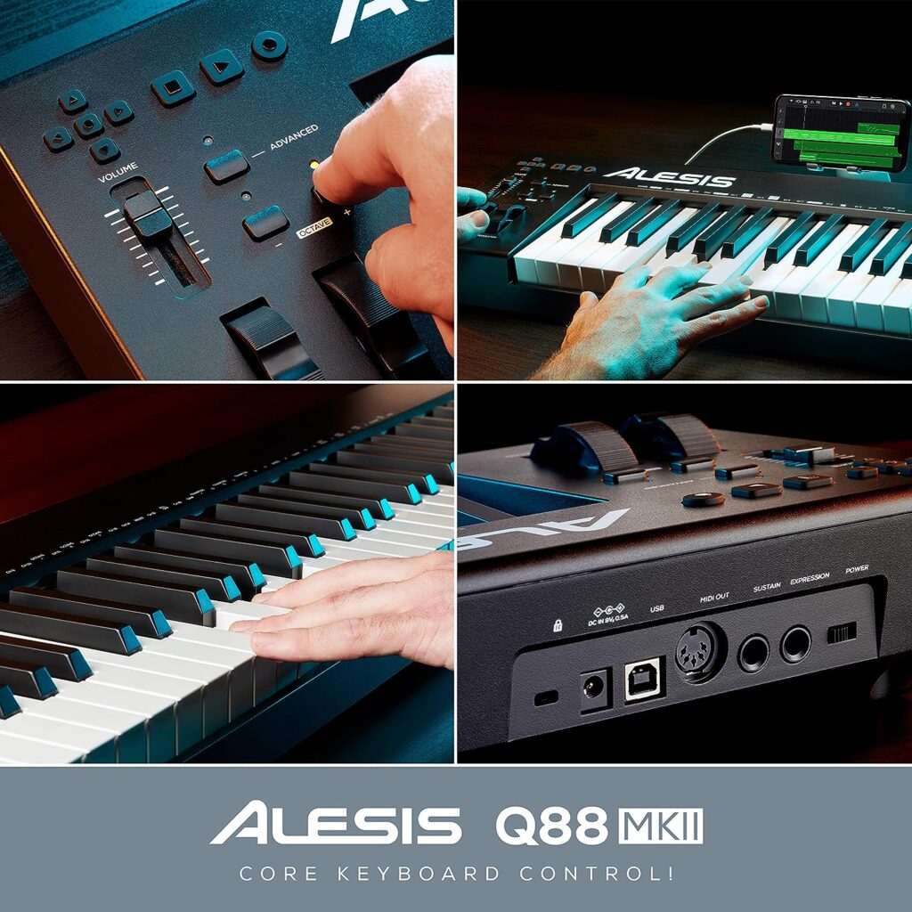 Alesis Q88 MKII - 88 Key USB MIDI Keyboard Controller with Full Size Velocity Sensitive Semi-Weighted Keys and Music Production Software Included