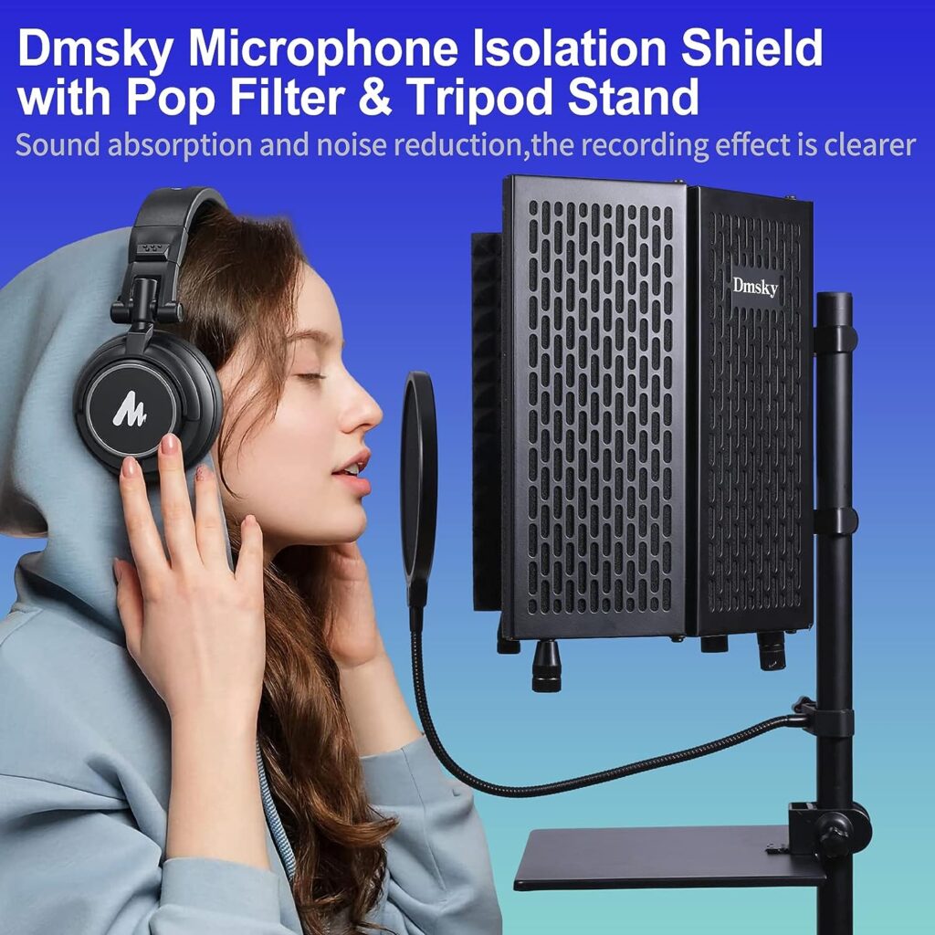 Dmsky Microphone Isolation Shield with Pop Filter  Tripod Stand, Foldable Mic Shield with Triple Sound Insulation, High Density Mic Sound Shield for Recording Studio, Podcasts, Singing, Broadcasting