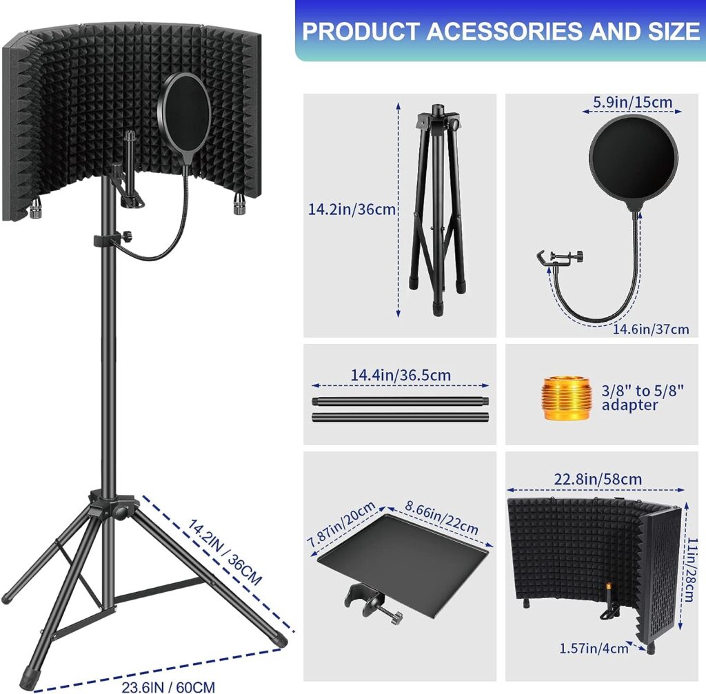 Dmsky Microphone Isolation Shield with Pop Filter  Tripod Stand, Foldable Mic Shield with Triple Sound Insulation, High Density Mic Sound Shield for Recording Studio, Podcasts, Singing, Broadcasting