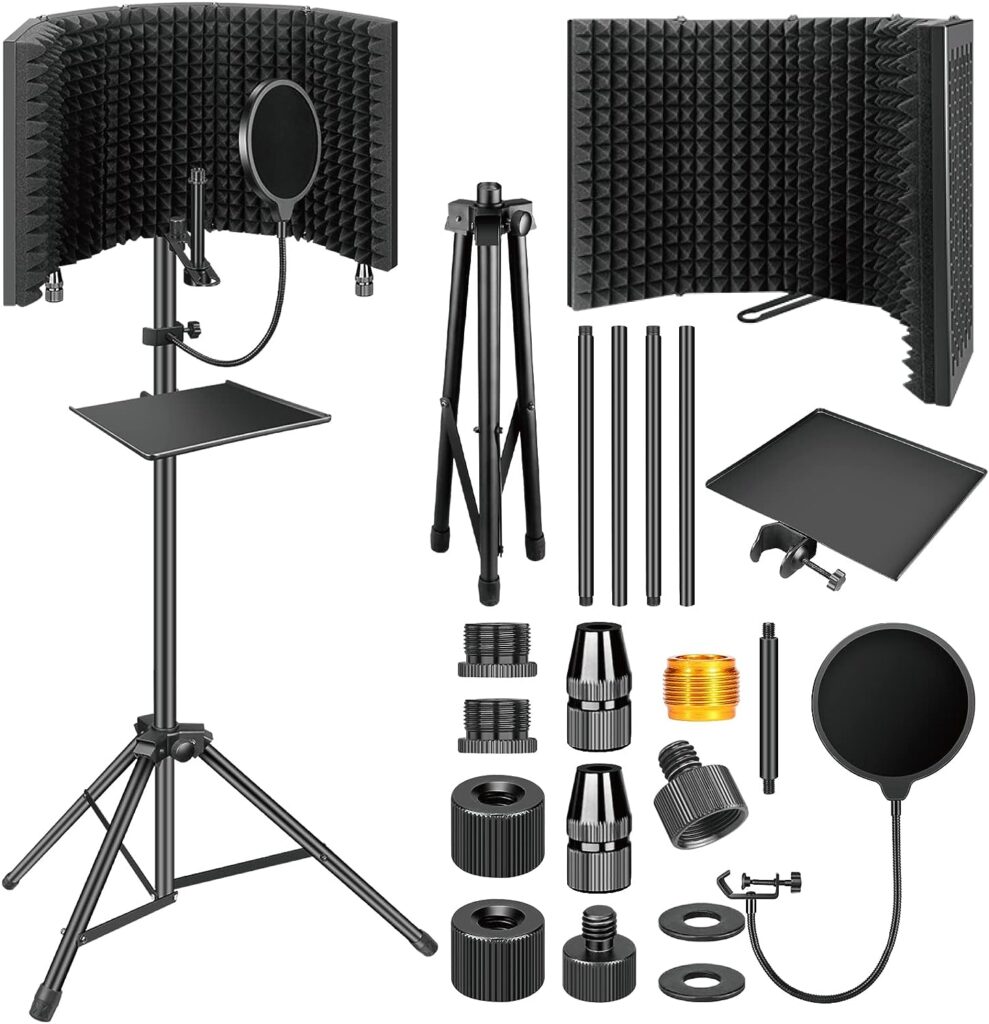 Dmsky Microphone Isolation Shield with Pop Filter  Tripod Stand, Foldable Mic Shield with Triple Sound Insulation, High Density Mic Sound Shield for Recording Studio, Podcasts, Singing, Broadcasting