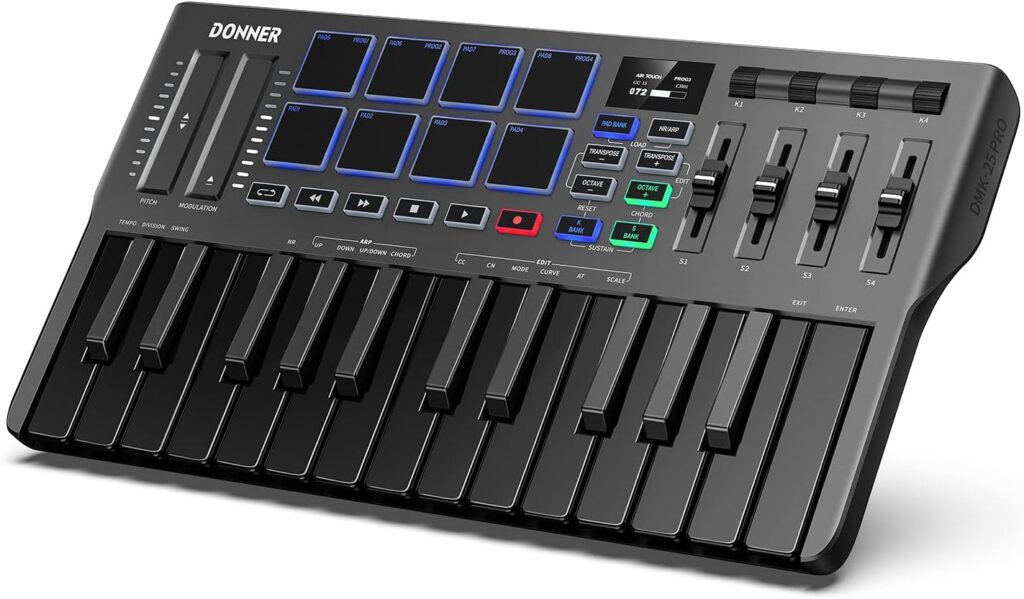 Donner DMK25 Pro MIDI Keyboard Controller, 25 Mini Key Portable USB-C MIDI Keyboard with 8 Drum Pads, OLED Display, Personalized Touch Bar, Music Production Software and 40 Free Courses