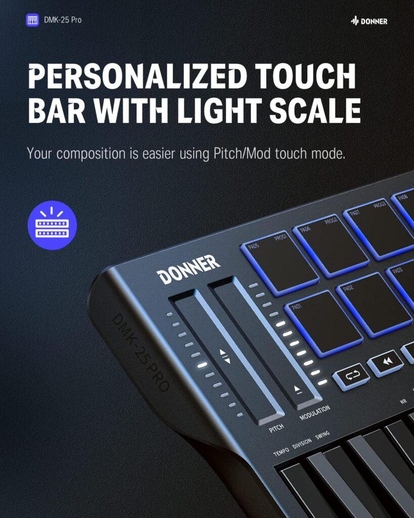 Donner DMK25 Pro MIDI Keyboard Controller, 25 Mini Key Portable USB-C MIDI Keyboard with 8 Drum Pads, OLED Display, Personalized Touch Bar, Music Production Software and 40 Free Courses