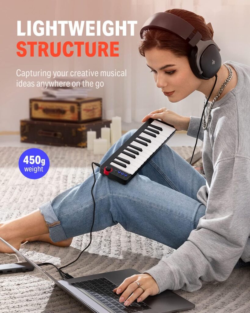 Donner Mini MIDI Keyboard, N-25 25 Key MIDI Controlle with Velocity-Sensitive Mini KeysLight-up Rocker and Music Production Software Included, Small MIDI Keyboard with 40 Free Courses