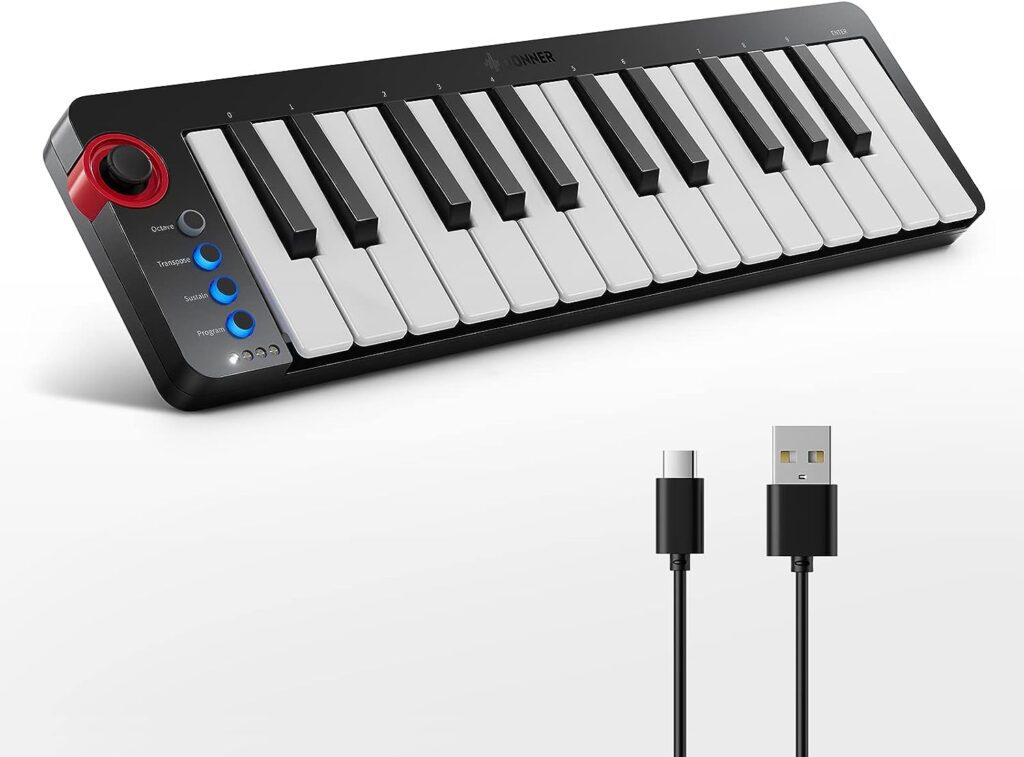 Donner Mini MIDI Keyboard, N-25 25 Key MIDI Controlle with Velocity-Sensitive Mini KeysLight-up Rocker and Music Production Software Included, Small MIDI Keyboard with 40 Free Courses