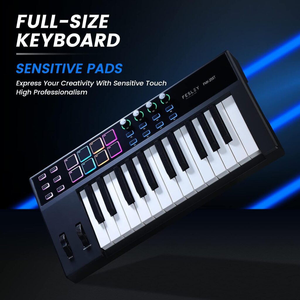 Fesley 25 Key USB MIDI Keyboard Controller, Full-Size Midi Controller Keyboard for Music Production, Professional Music Production Equipment, MIDI Keyboard Controller with 8 Backlit Drum Pads, 4 Knobs