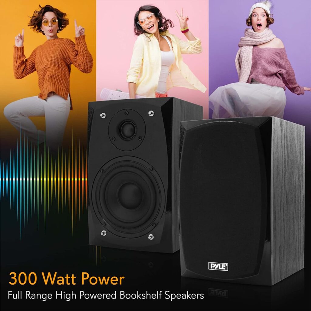 HiFi Desktop Bookshelf Speakers Pair - 300 Watt Powered Bluetooth Compatible Active Passive Book Shelf Speakers - Studio Monitor Computer Desk home Stereo Speaker System w/ AUX/RCA/USB - Pyle PBKSP22