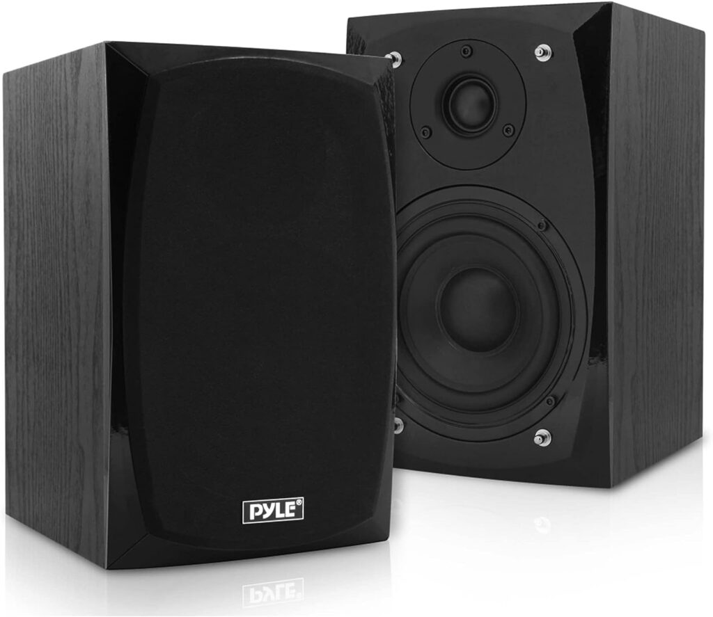 HiFi Desktop Bookshelf Speakers Pair - 300 Watt Powered Bluetooth Compatible Active Passive Book Shelf Speakers - Studio Monitor Computer Desk home Stereo Speaker System w/ AUX/RCA/USB - Pyle PBKSP22