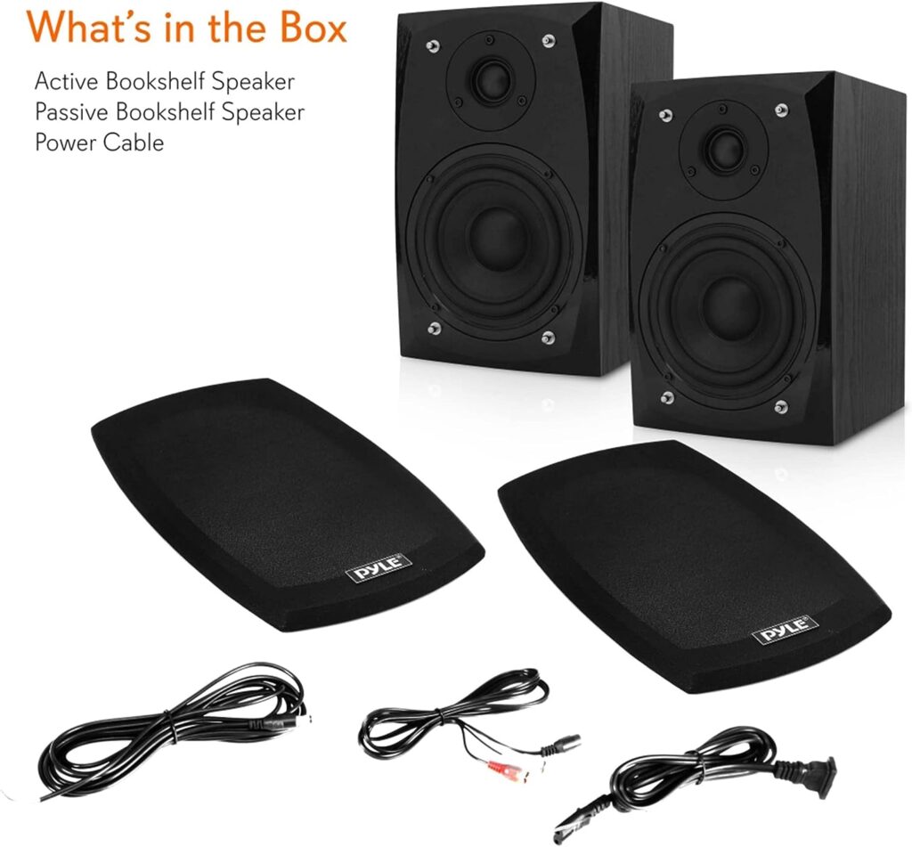 HiFi Desktop Bookshelf Speakers Pair - 300 Watt Powered Bluetooth Compatible Active Passive Book Shelf Speakers - Studio Monitor Computer Desk home Stereo Speaker System w/ AUX/RCA/USB - Pyle PBKSP22