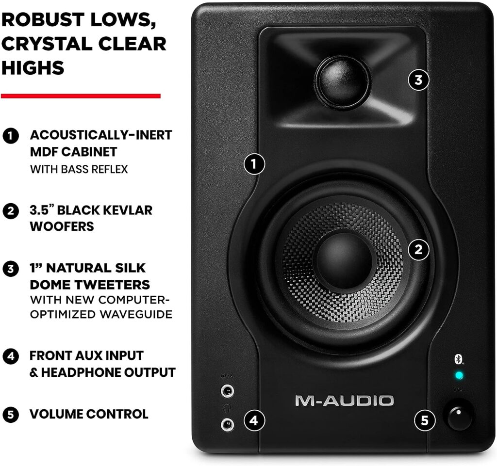 M-Audio BX3BT 3.5 Studio Monitors  PC Speakers with Bluetooth for Recording and Multimedia with Music Production Software, 120W, Pair, black