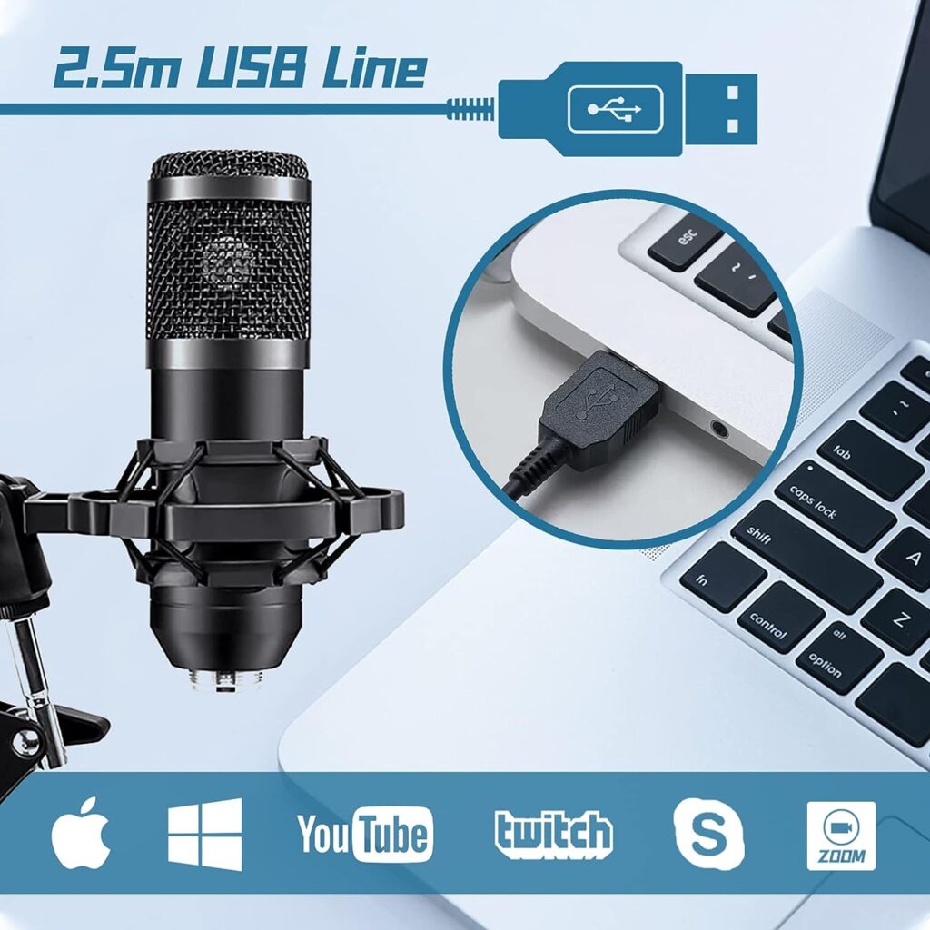 ovedisa USB Microphone, Professional 192kHz/24Bit Plug  Play PC Computer Condenser Cardioid Mic Kit with Sound Advanced Chipset, for Streaming, Podcast, Studio Recording and Games