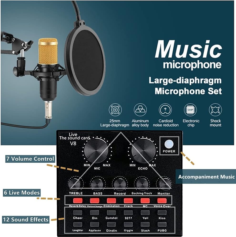 Podcast Equipment Bundle, BM-800 Recording Studio Package with Voice Changer, Live Sound Card - Audio Interface for Laptop Computer Vlog Living Broadcast Live Streaming YouTube TikTok (AM100-V8)