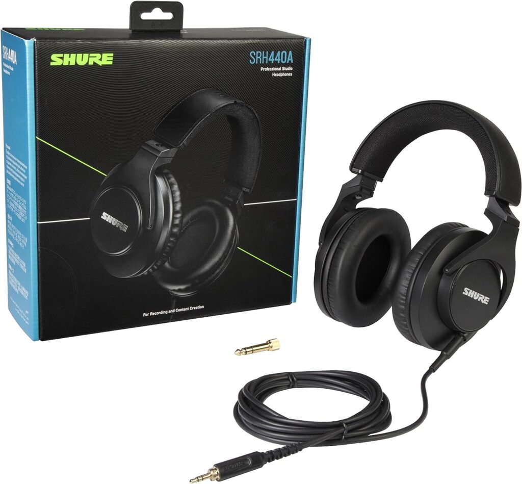 Shure SRH440A Over-Ear Wired Headphones for Monitoring  Recording, Professional Studio Grade, Enhanced Frequency Response, Work with All Audio Devices, Adjustable  Collapsible Design - 2022 Version