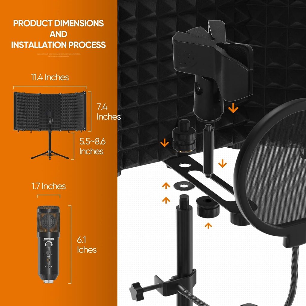 SwaykTech Studio Recording Microphone Isolation Shield with Pop Filter and Metal Tripod Stand, Studio Mic to PC Laptop Smartphone, Music Microphone for Recording Singing Boardcasting