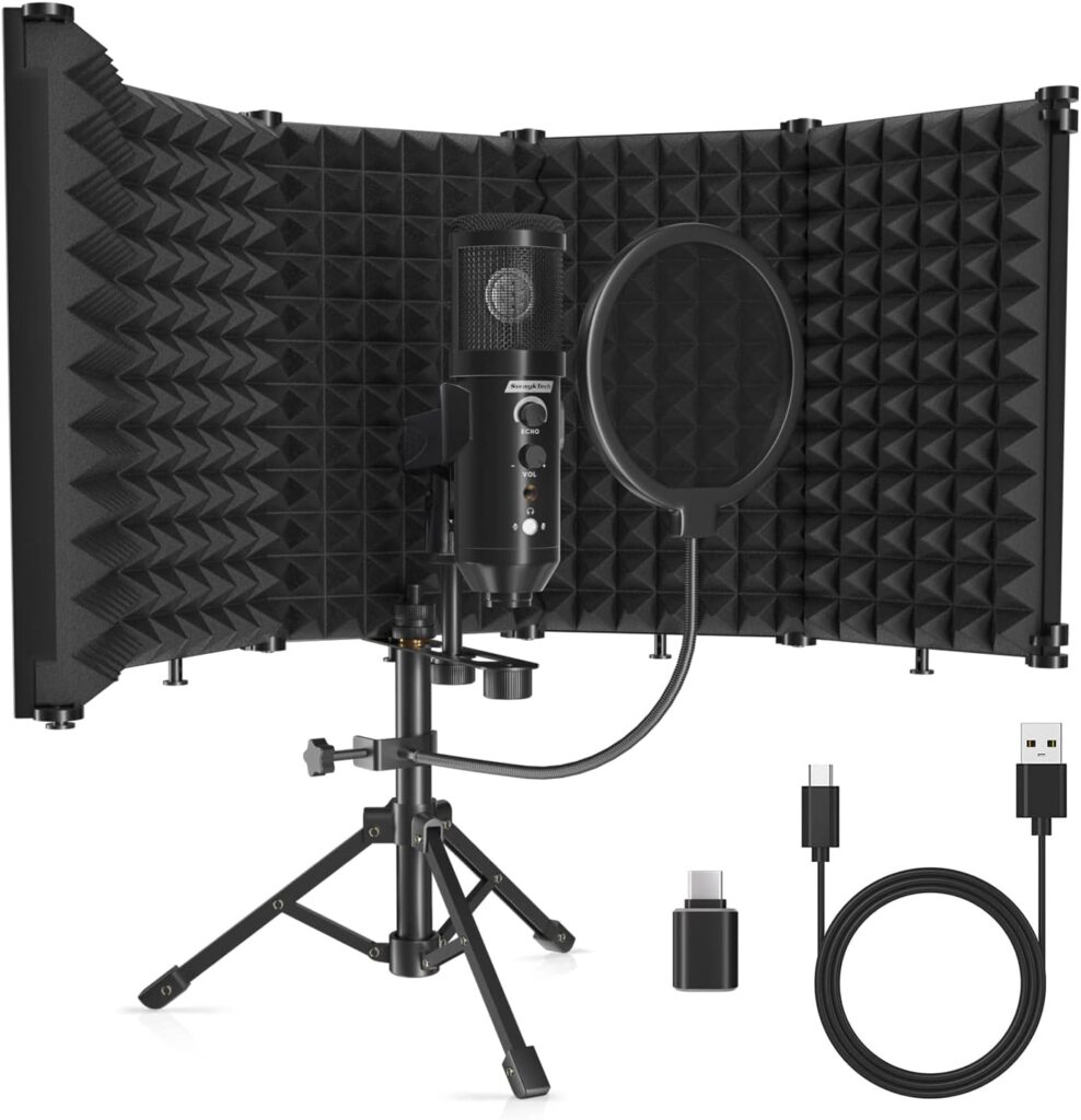 SwaykTech Studio Recording Microphone Isolation Shield with Pop Filter and Metal Tripod Stand, Studio Mic to PC Laptop Smartphone, Music Microphone for Recording Singing Boardcasting