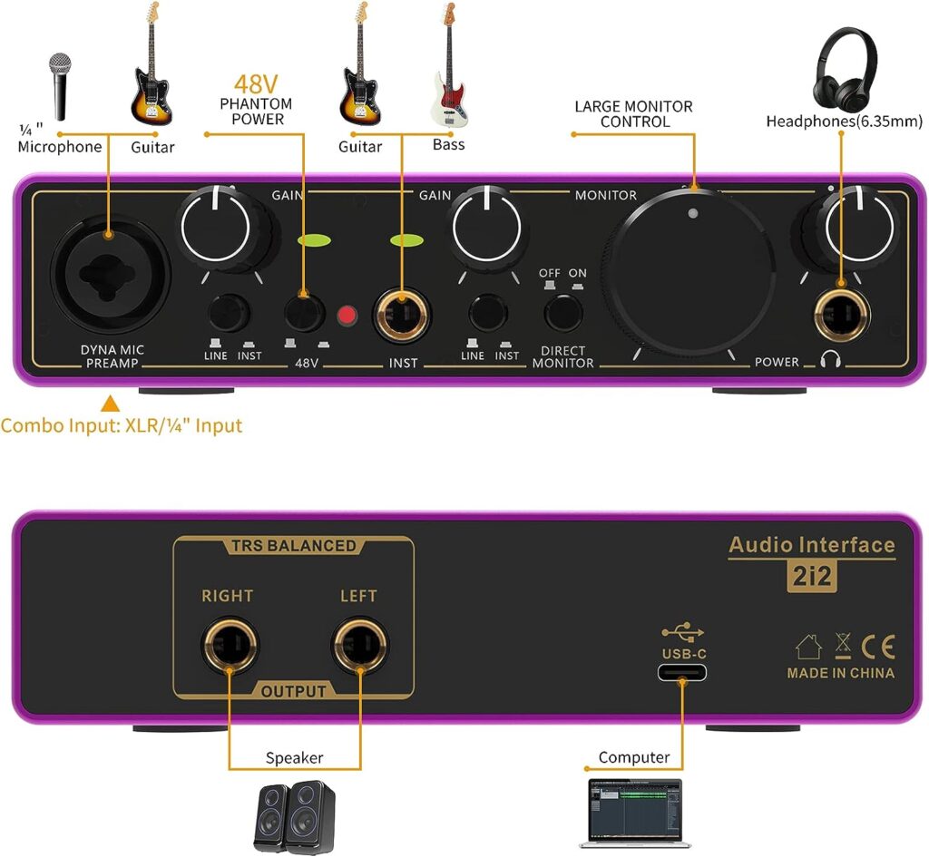 USB Audio Interface for PC-Kmise 2i2 Audio Equipment Computer Recording Sound Card,High Compatibility,Studio Quality Recording for Live Streaming Podcasting