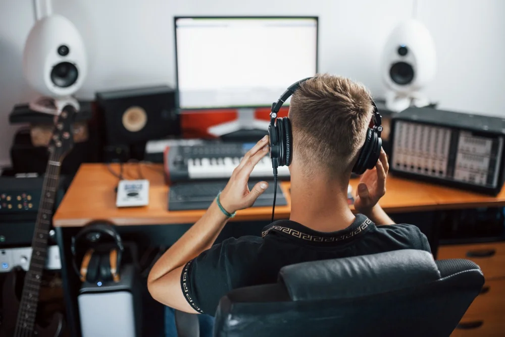 A man wearing headphones in a home recording studio.