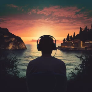 man watching sunset with headphones