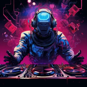 man from future in futuristic space suit djing