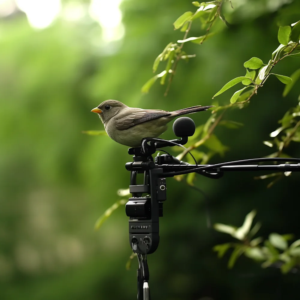 bird sitting on microphone in forrest- free foley samples and loops