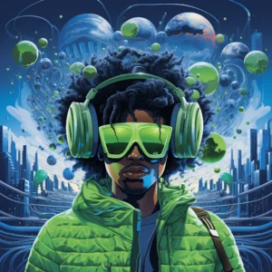 illustration of man wearing neon jacket, neon glasses and headphones with futuristic background