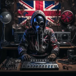 gas mask man djing with uk flag in background