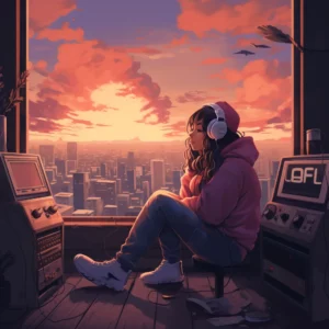 women listening to music with sunset illustration