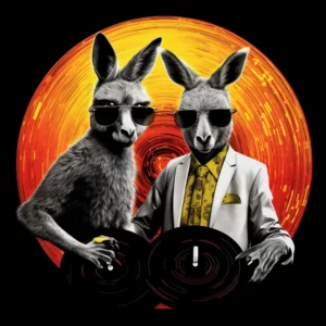 kangaroos holding vinyl records and with sunglasses
