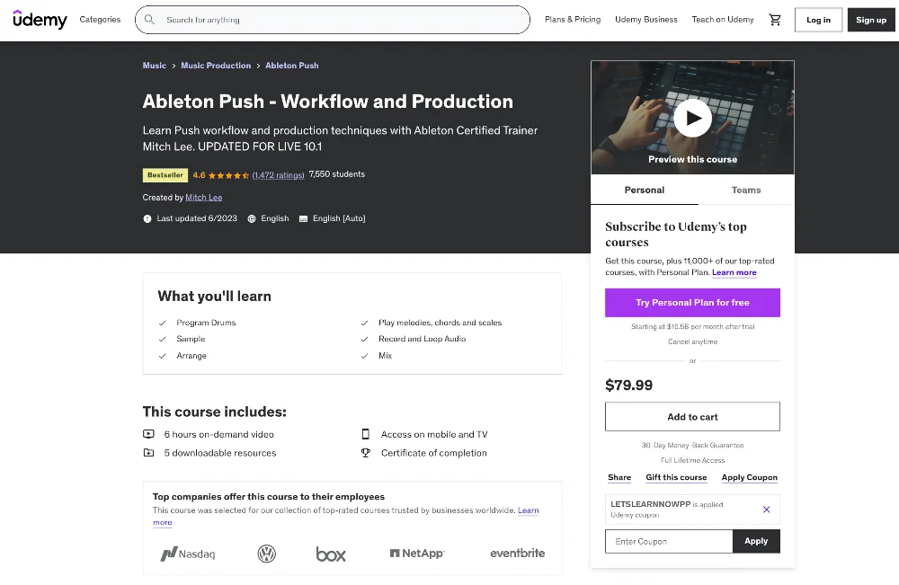 webpage of Ableton Push - Workflow and Production by Mitch Lee [Udemy]