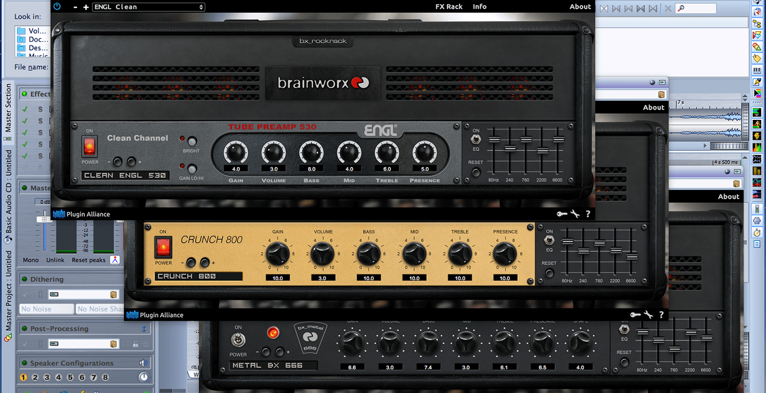 A screen shot of a computer screen showing different types of amplifiers using Brainworx software.