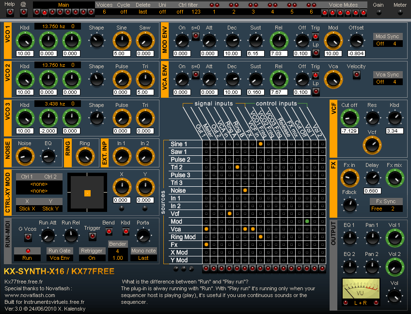 A screen shot of the Kx-Synth-X16 electronic synthesizer.