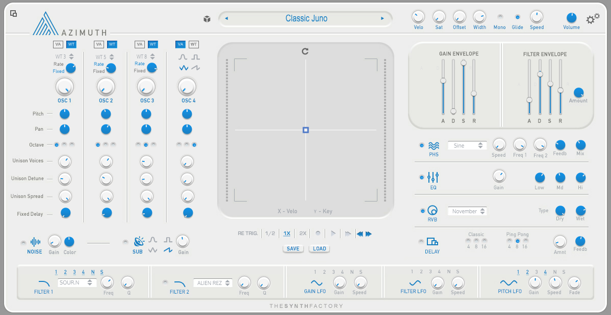 A screen shot of a synthesizer from an angle view.