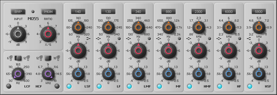 A picture of an MQ55 mixer with different knobs and buttons.