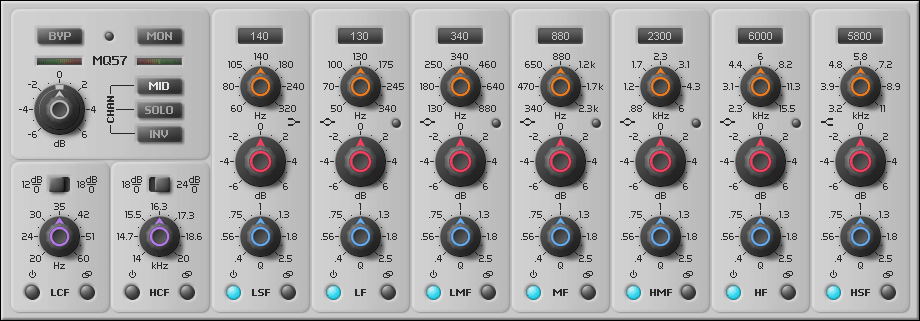 A picture of a MQ57 mixer with different buttons and knobs.