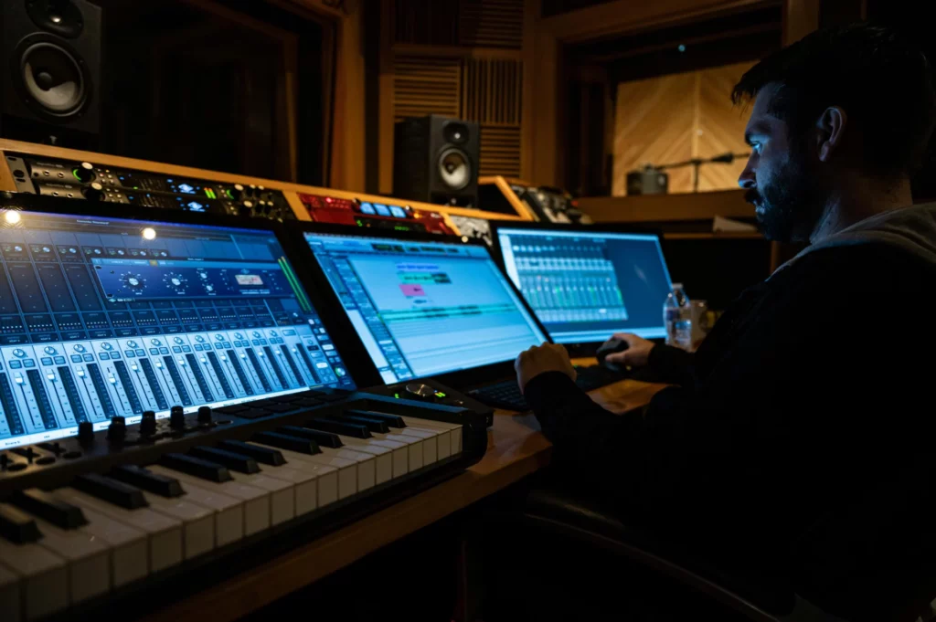 a man sitting at a desk with multiple music studio monitors